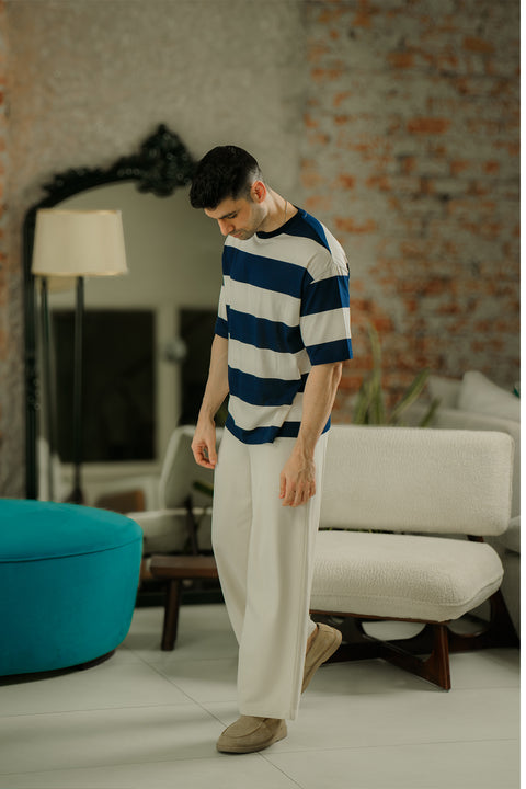 Crew Neck Stripe Tee - Navy and White