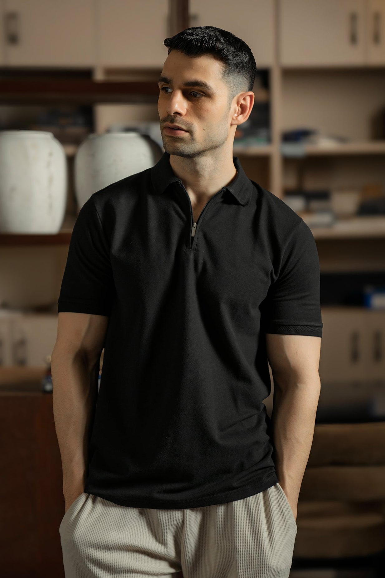 Zip-Up Textured Polo Shirt – Black Main image