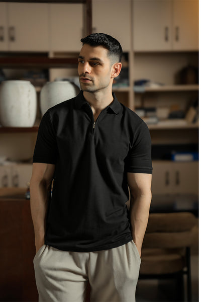 Zip-Up Textured Polo Shirt – Black