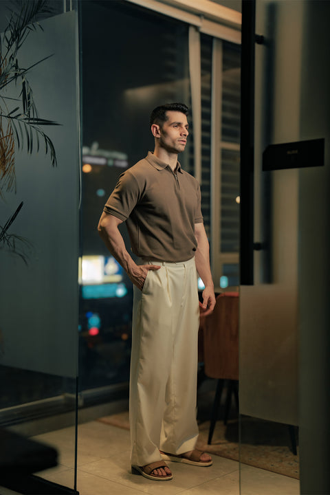 Zip-up Textured Polo Shirt - Camel