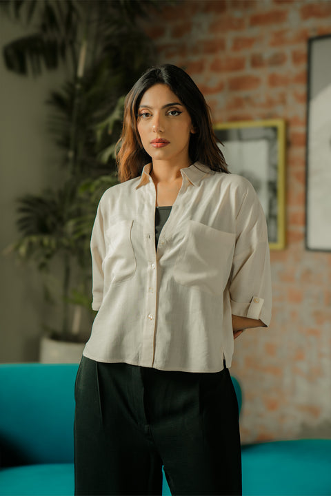 Cropped Shirt with Pockets - Beige