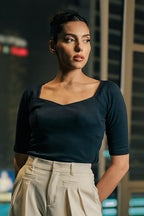 Sweet Heart Neck Top - Navy