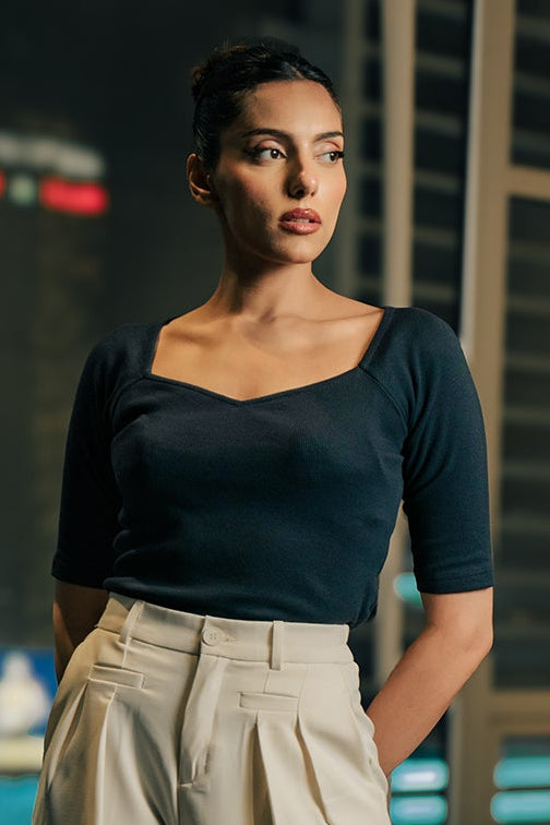Sweet Heart Neck Top - Navy