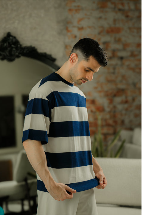Crew Neck Stripe Tee - Navy and White