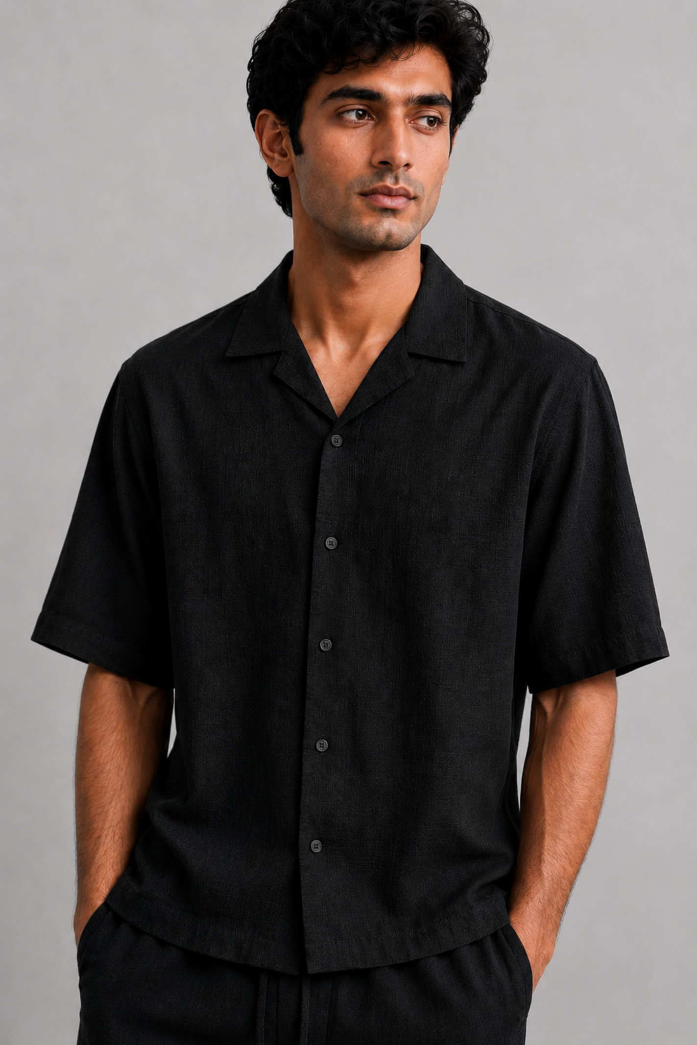 Cuban Collar Boxy Fit Shirt – Black