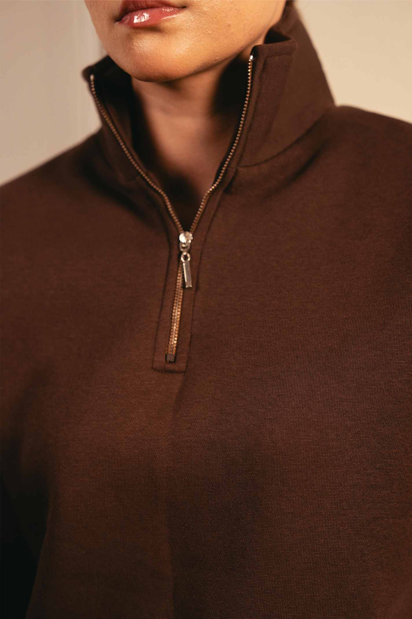 Women Classic Quarter Zip-up Sweatshirt - Brown Secondary image
