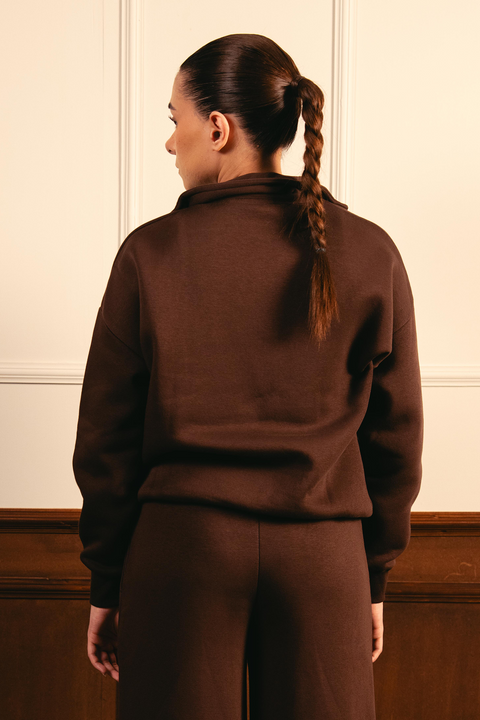 Women Classic Quarter Zip-up Sweatshirt - Brown
