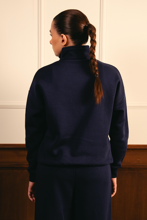 Women Classic Quarter Zip-up Sweatshirt - Navy Blue