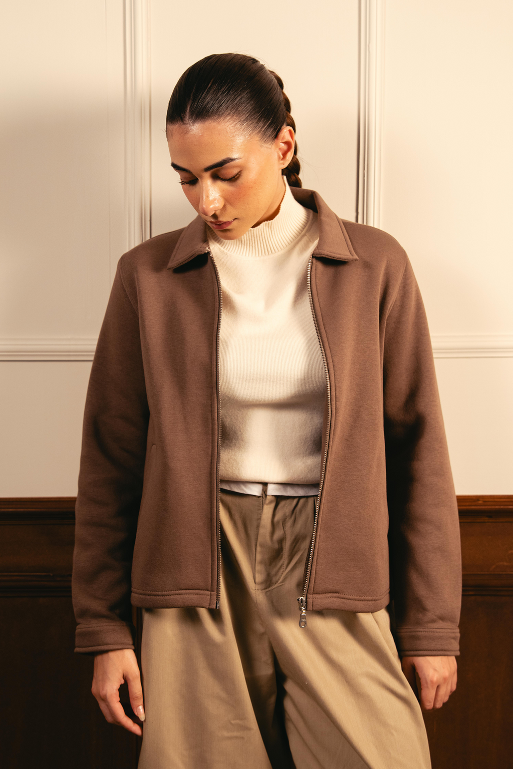Women Full Zipper Jacket - Brown