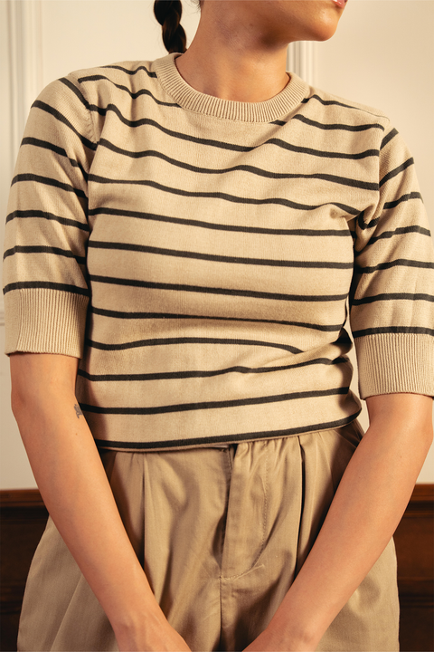 Women Soft Knit Stripe Tee - Cream and Green