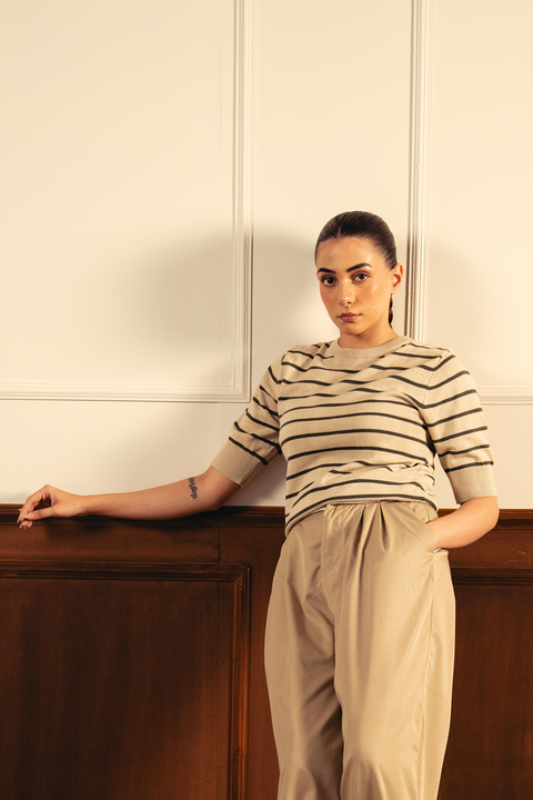 Women Soft Knit Stripe Tee - Cream and Green