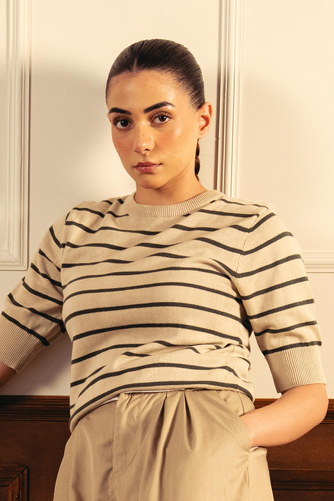 Women Soft Knit Stripe Tee - Cream and Green