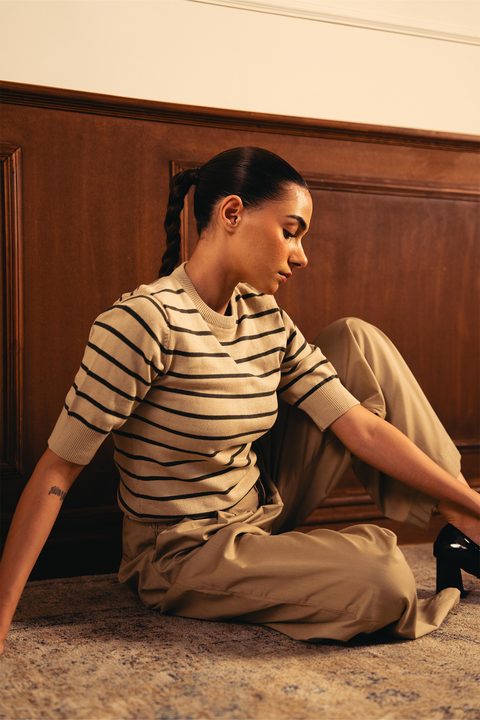 Women Soft Knit Stripe Tee - Cream and Green