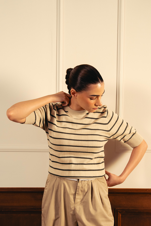 Women Soft Knit Stripe Tee - Cream and Green