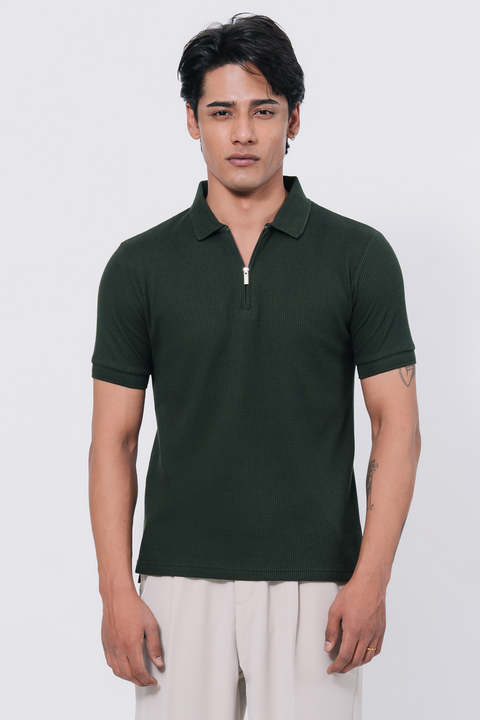 Zip-up Waffle Polo Shirt - Emerald
