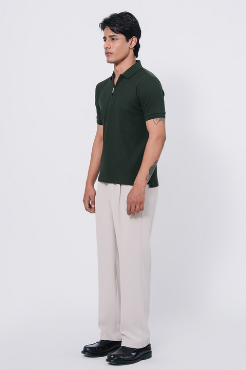 Zip-up Waffle Polo Shirt - Emerald