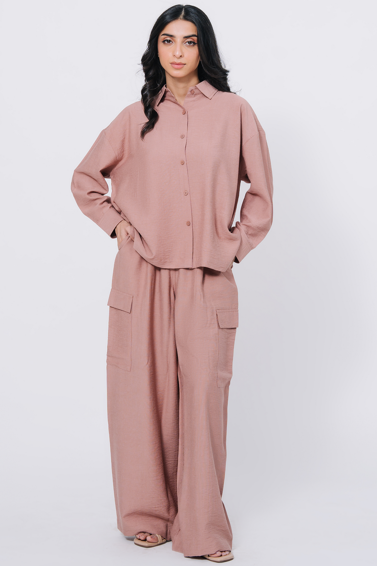 Textured button-down Co-Ord Set - Pink Main image