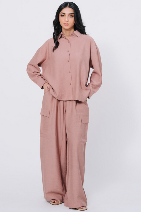 Textured button-down Co-Ord Set - Pink