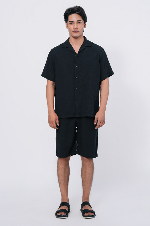 Cuban Collar Boxy Fit Shirt - Black