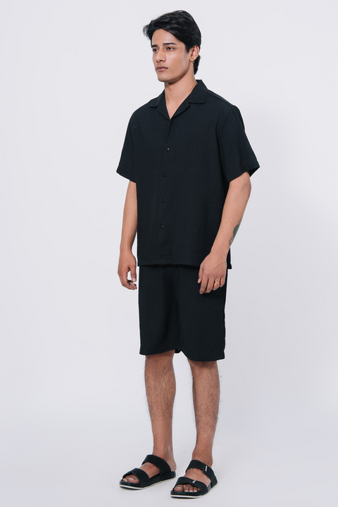 Cuban Collar Boxy Fit Shirt - Black