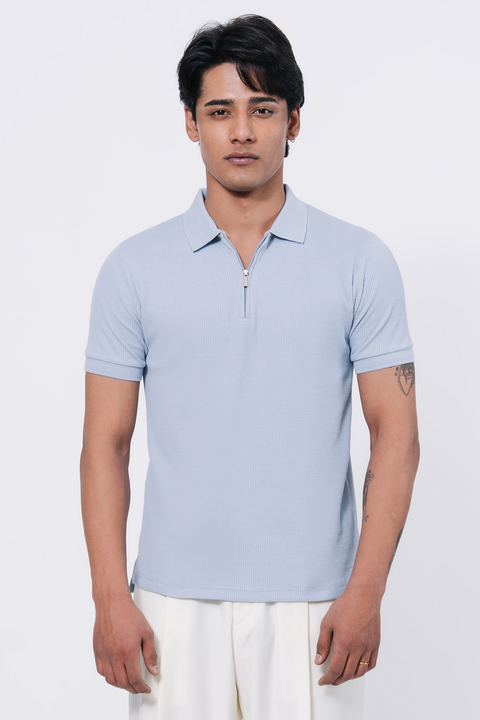 Zip-up Waffle Polo Shirt - Light Blue