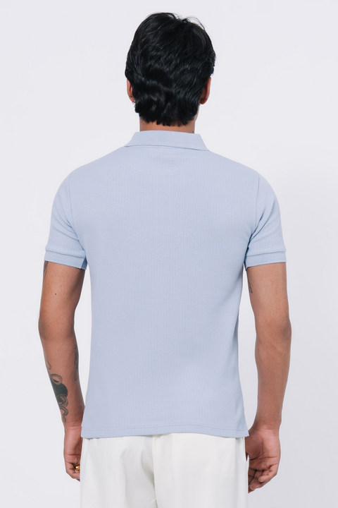 Zip-up Waffle Polo Shirt - Light Blue