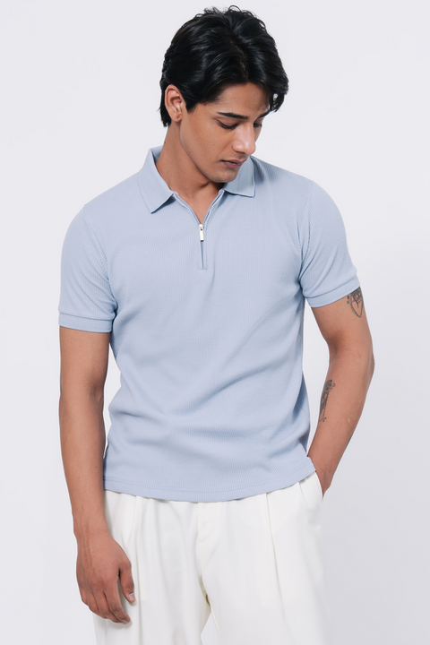 Zip-up Waffle Polo Shirt - Light Blue