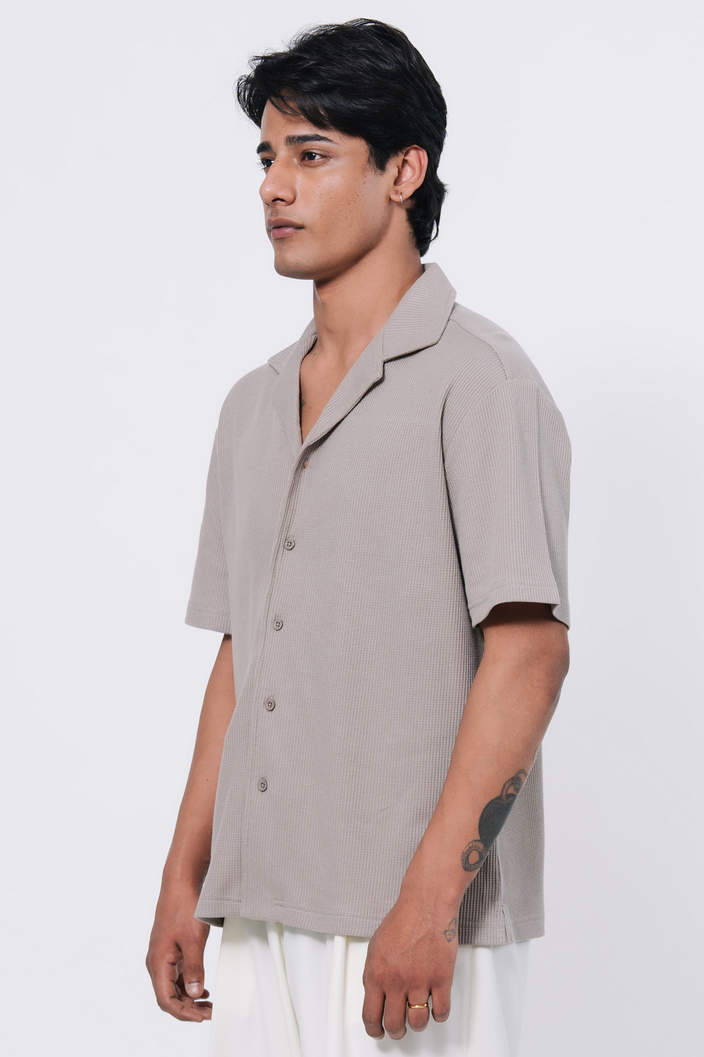 Boxy Fit Waffle Shirt – Greyish Beige