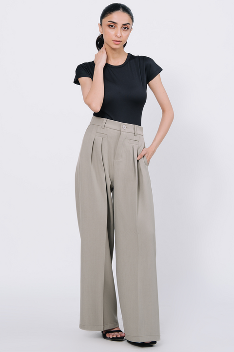 Pleated wide leg pants -Fawn