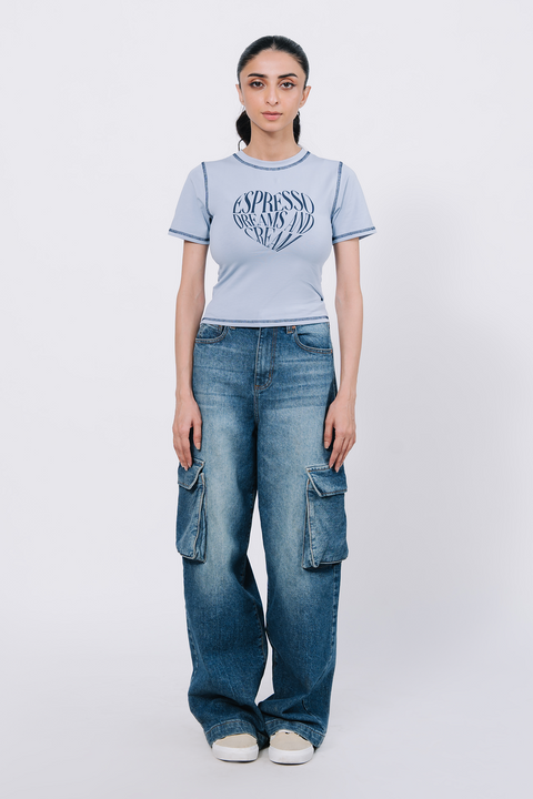 Body Fit Graphic Top - Light Blue