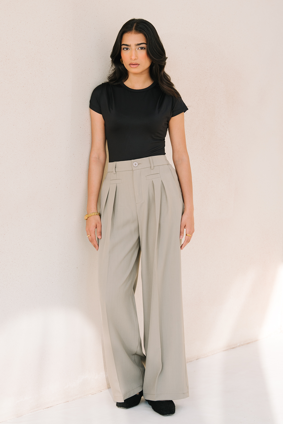 Pleated wide leg pants -Fawn