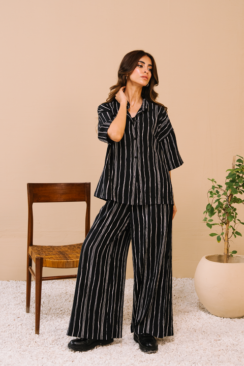 Textured  Printed Co-ord Set - Black and white stripe