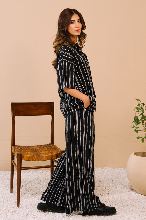 Textured  Printed Co-ord Set - Black and white stripe