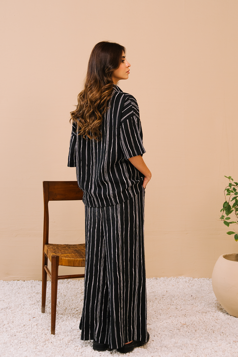 Textured  Printed Co-ord Set - Black and white stripe