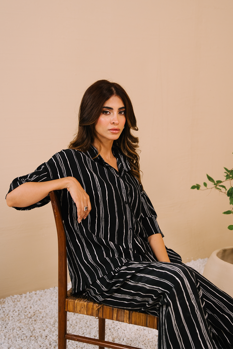 Textured  Printed Co-ord Set - Black and white stripe