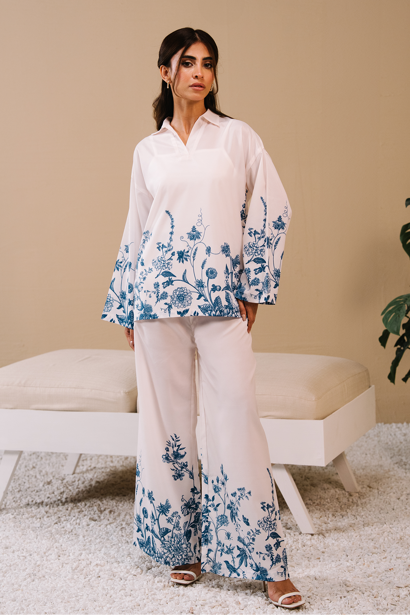 Collared Printed Co-ord Set - White Main image
