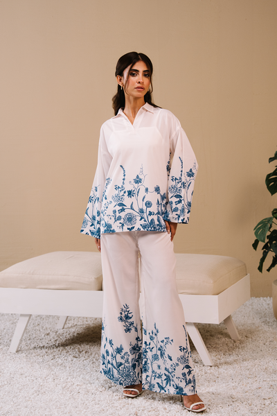 Collared Printed Co-ord Set - White