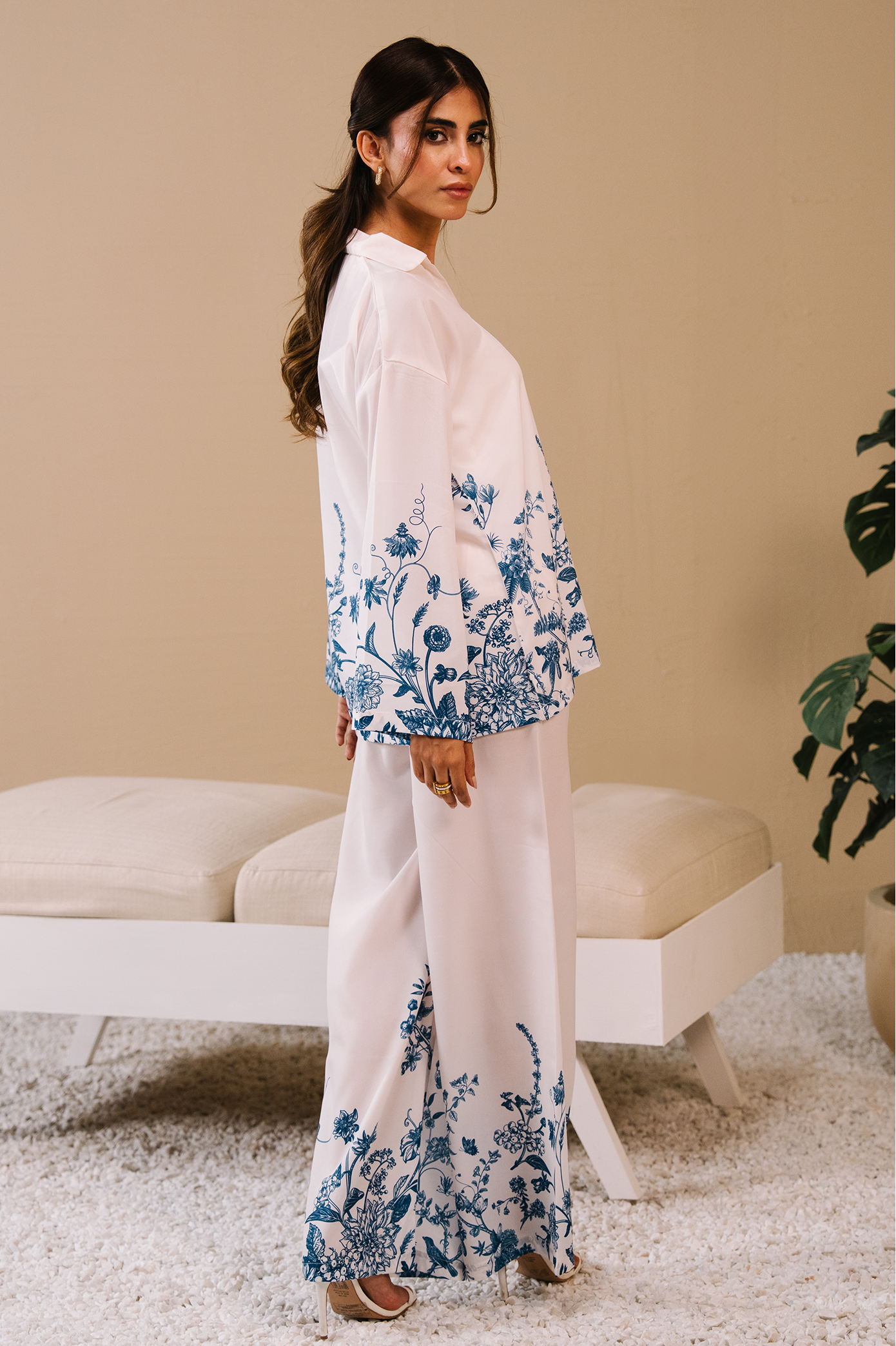 Collared Printed Co-ord Set - White Secondary image
