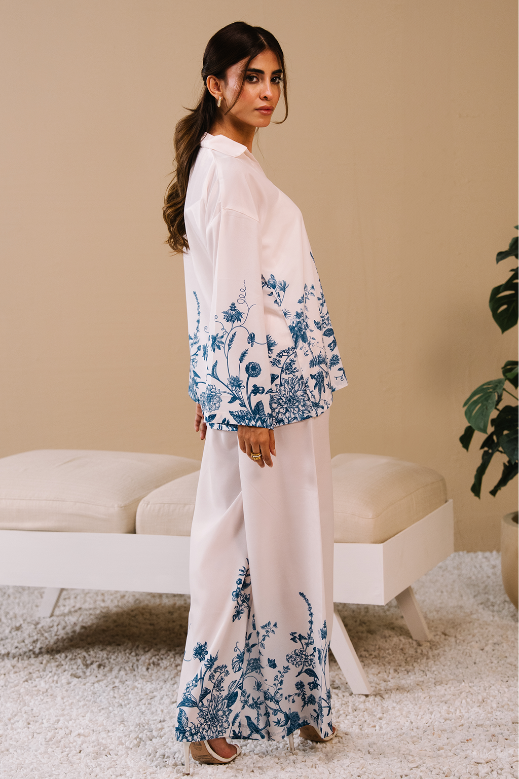Collared Printed Co-ord Set - White