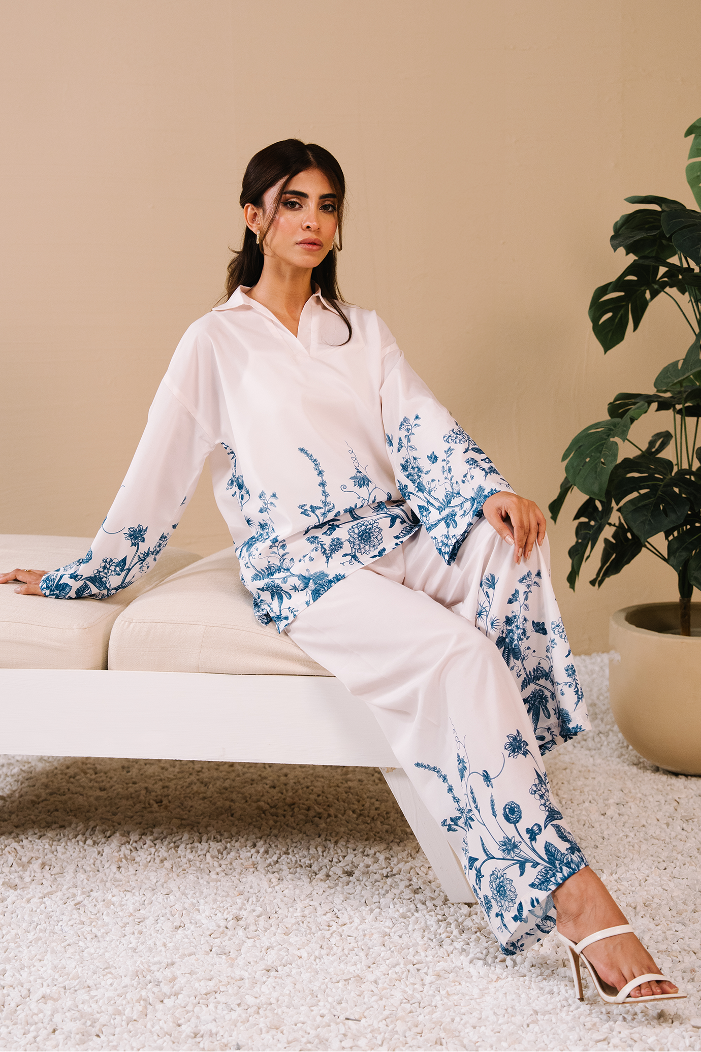 Collared Printed Co-ord Set - White