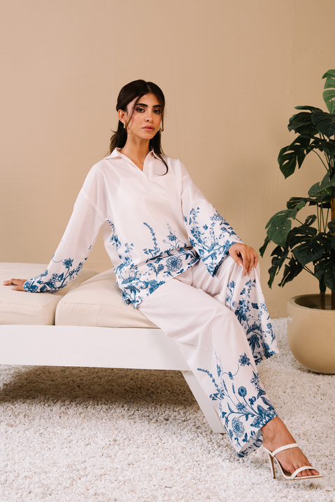 Collared Printed Co-ord Set - White
