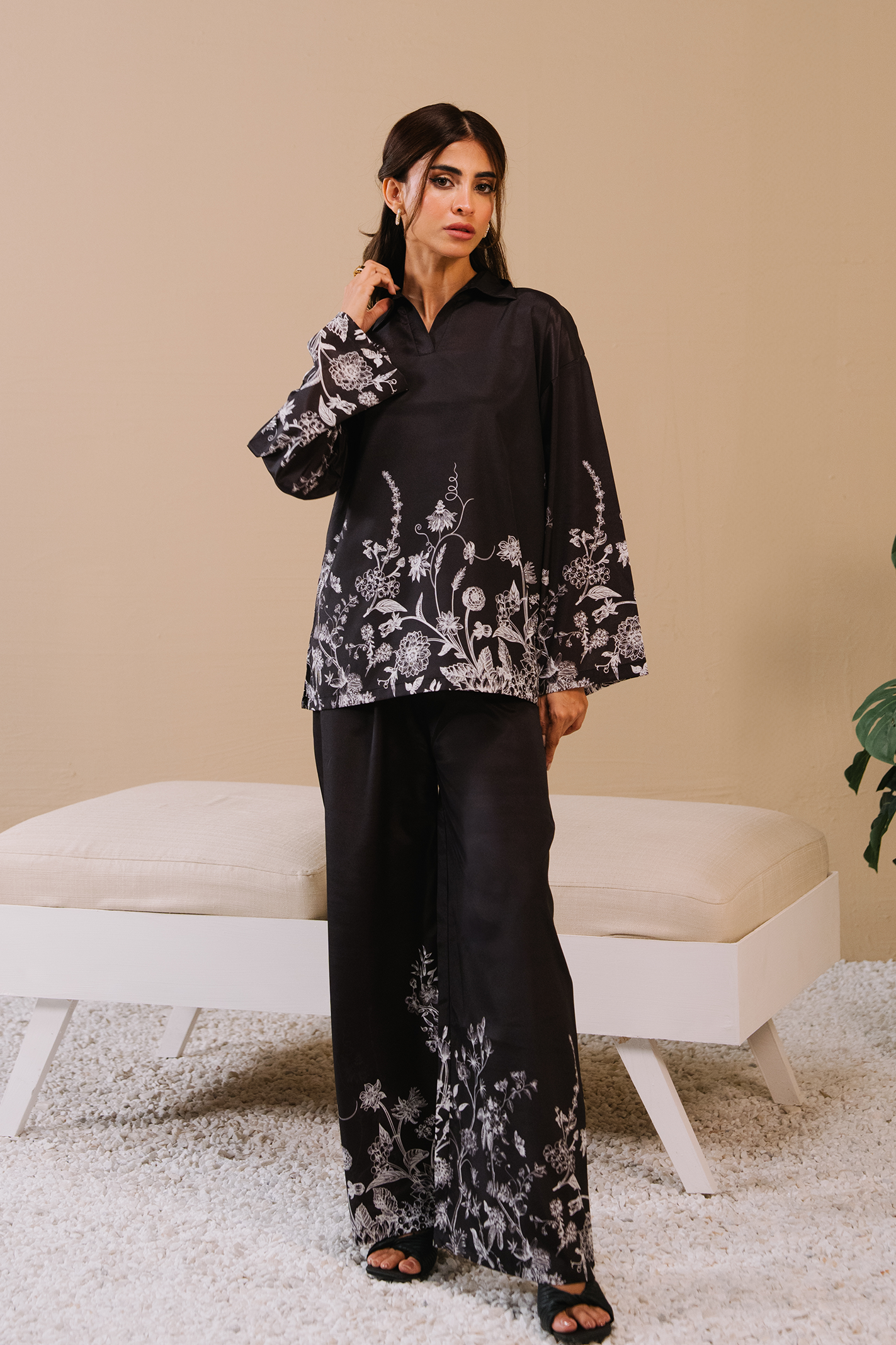 Collared Printed Co-ord Set - Black Main image