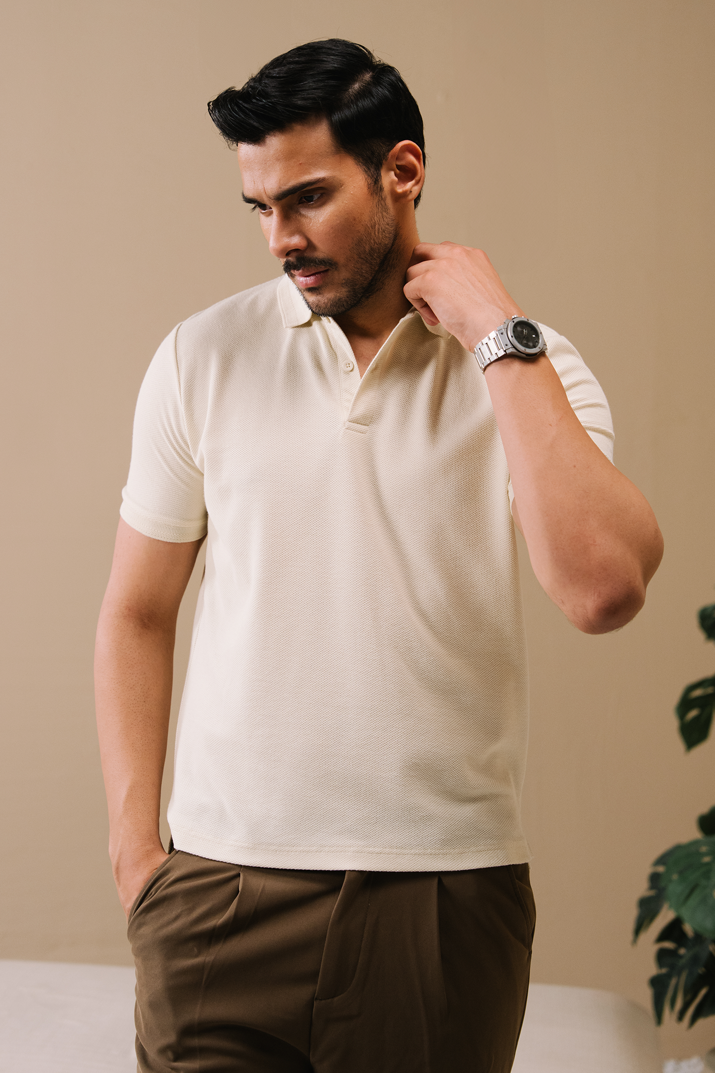 Honeycomb Textured Polo Shirt – Off White Main image