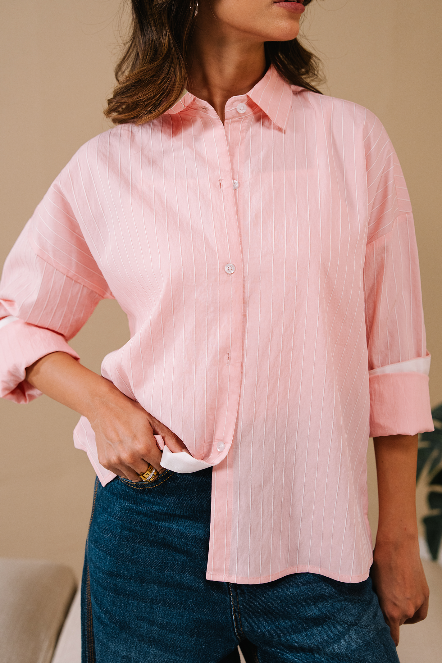 Stripe Button-down shirt - Pink and white stripe Secondary image