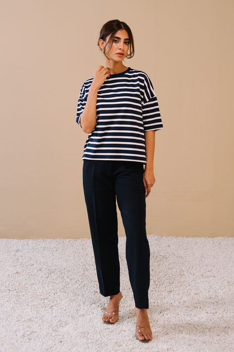 High Waist Darted Pants- Navy