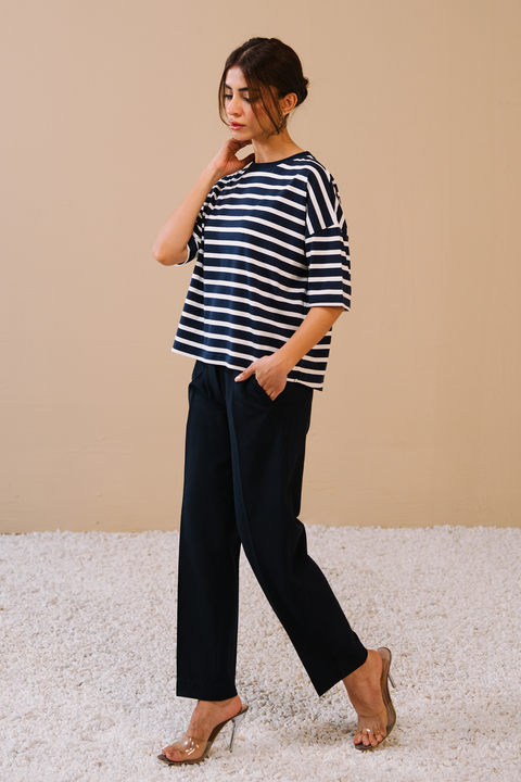 High Waist Darted Pants- Navy