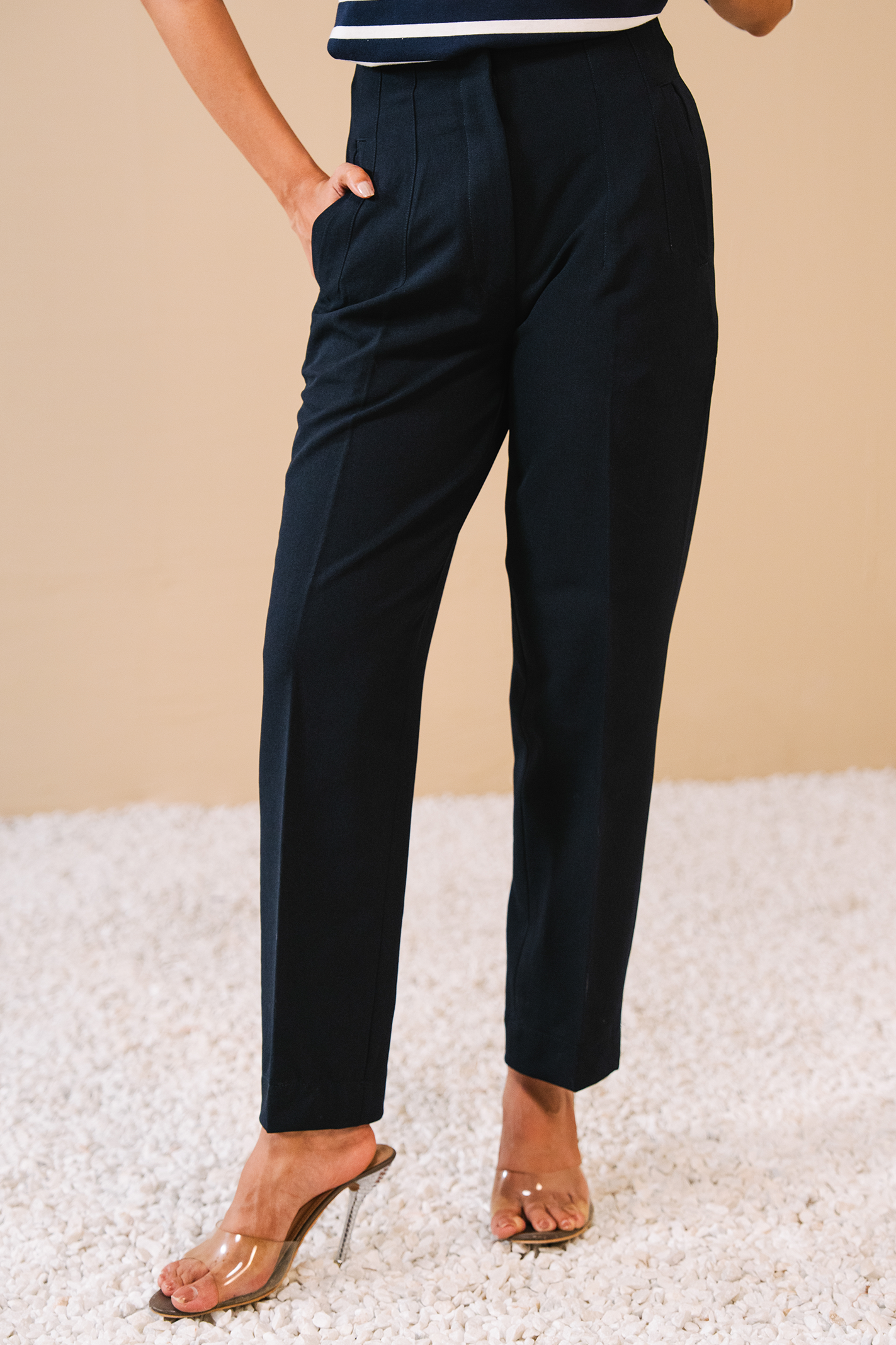High Waist Darted Pants- Navy Main image