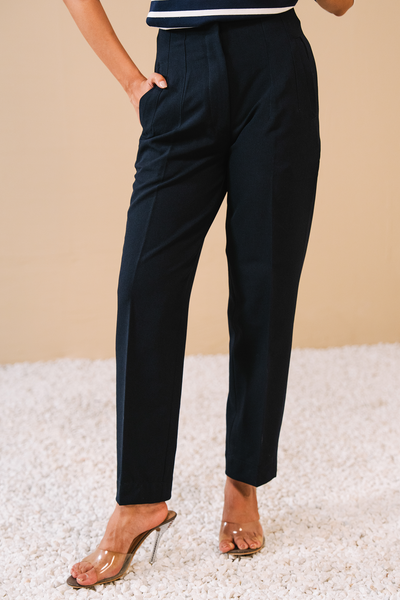 High Waist Darted Pants- Navy