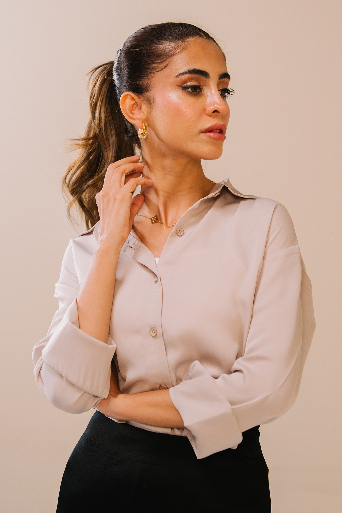 Satin button-down Shirt - Cream Secondary image
