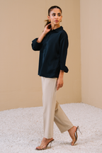 Satin button-down Shirt - Navy